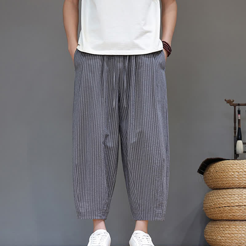 Buddha Stones Lässige, minimalistische Caprihose aus Baumwoll-Leinen-Mischgewebe mit Kordelzug und Streifenmuster, schmal zulaufende Herrenhose mit Tasche - image 5
