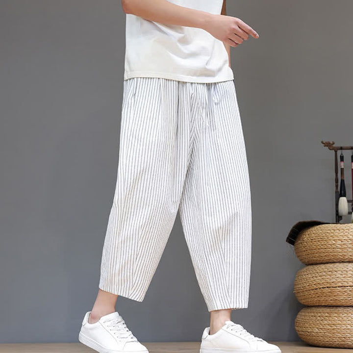 Buddha Stones Lässige, minimalistische Caprihose aus Baumwoll-Leinen-Mischgewebe mit Kordelzug und Streifenmuster, schmal zulaufende Herrenhose mit Tasche - image 26