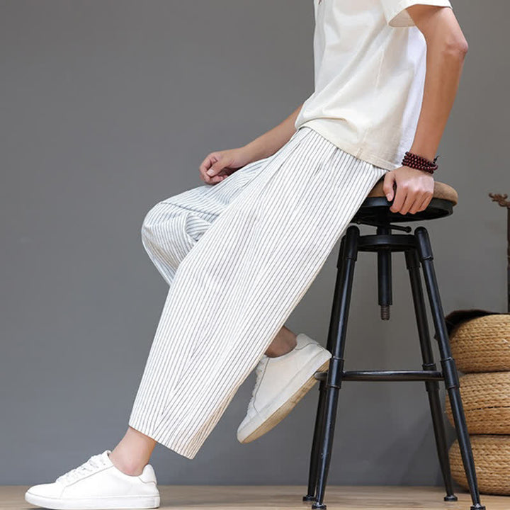 Buddha Stones Lässige, minimalistische Caprihose aus Baumwoll-Leinen-Mischgewebe mit Kordelzug und Streifenmuster, schmal zulaufende Herrenhose mit Tasche - image 31