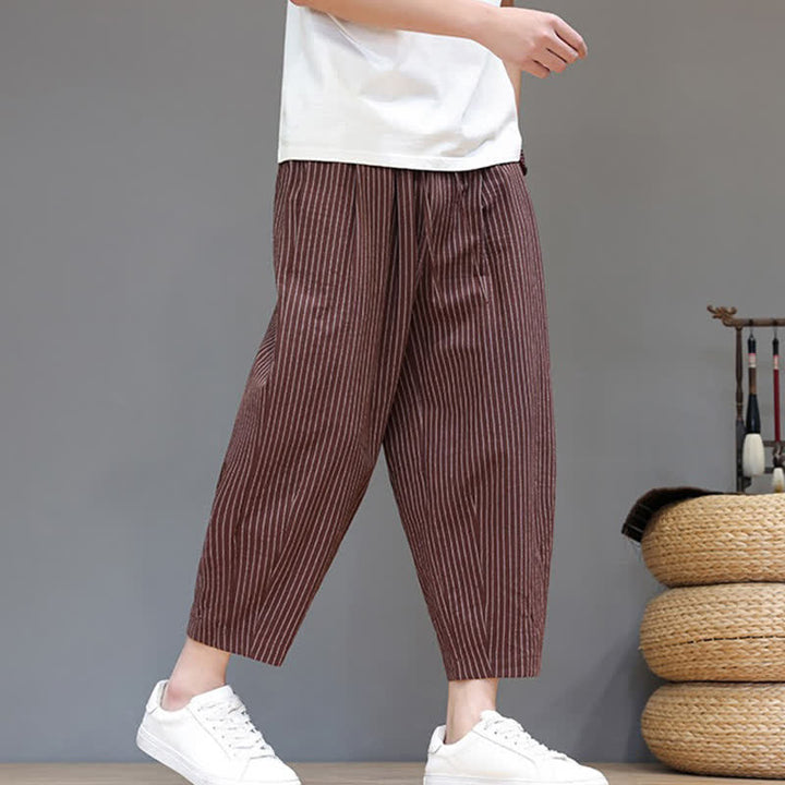 Buddha Stones Lässige, minimalistische Caprihose aus Baumwoll-Leinen-Mischgewebe mit Kordelzug und Streifenmuster, schmal zulaufende Herrenhose mit Tasche - image 21