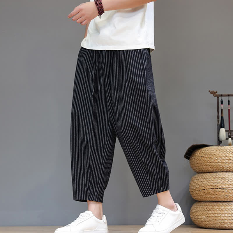 Buddha Stones Lässige, minimalistische Caprihose aus Baumwoll-Leinen-Mischgewebe mit Kordelzug und Streifenmuster, schmal zulaufende Herrenhose mit Tasche - Schwarz - US/UK/AU46, EU56 (5XL) - image 8