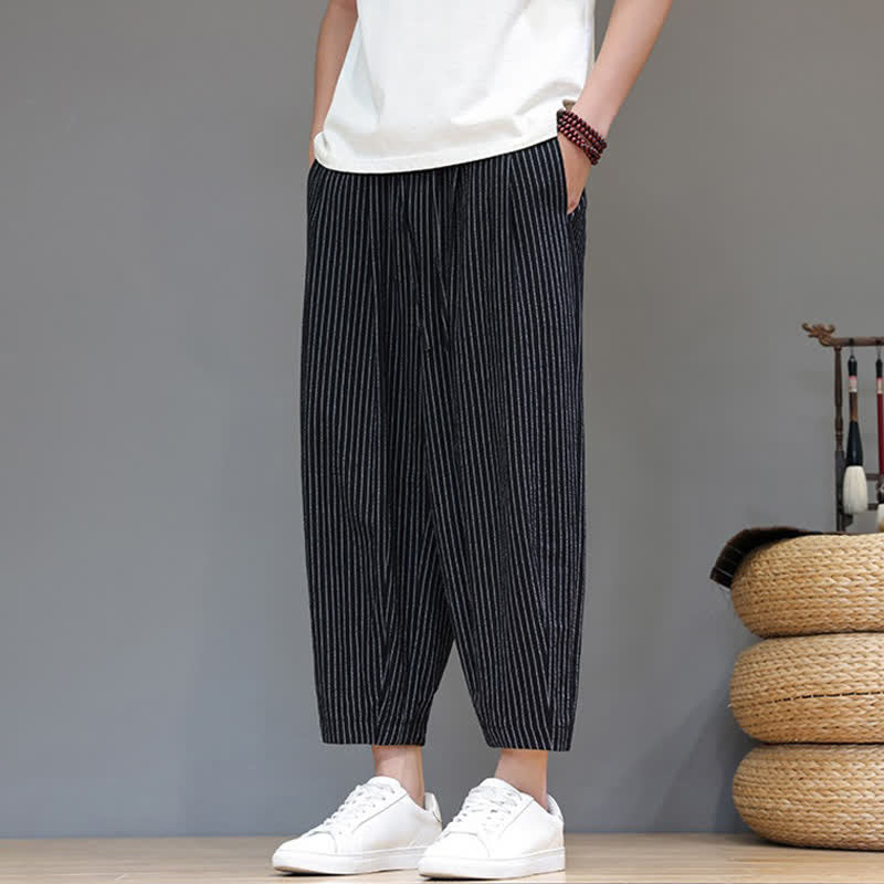 Buddha Stones Lässige, minimalistische Caprihose aus Baumwoll-Leinen-Mischgewebe mit Kordelzug und Streifenmuster, schmal zulaufende Herrenhose mit Tasche - image 13
