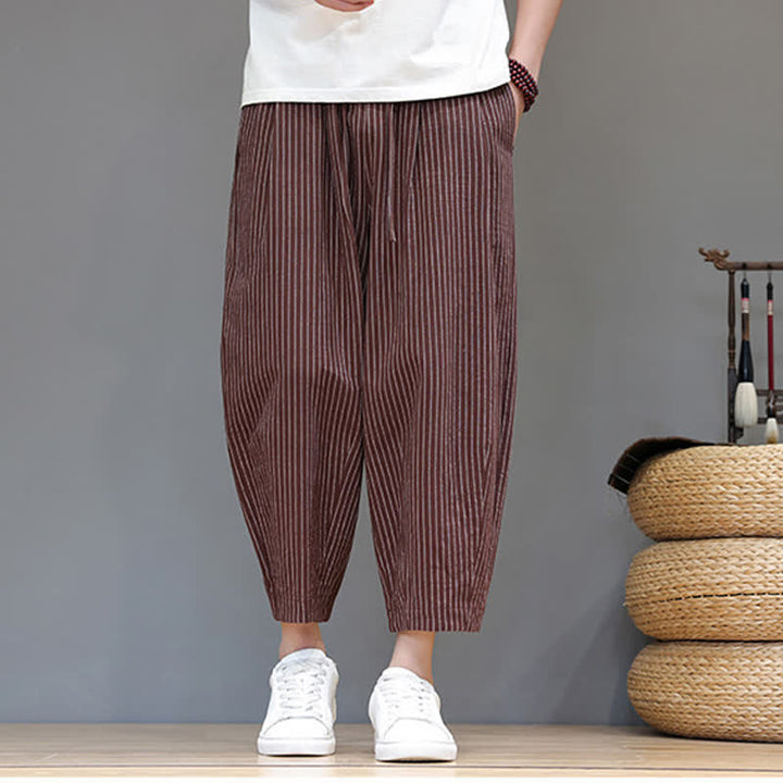 Buddha Stones Lässige, minimalistische Caprihose aus Baumwoll-Leinen-Mischgewebe mit Kordelzug und Streifenmuster, schmal zulaufende Herrenhose mit Tasche - image 22