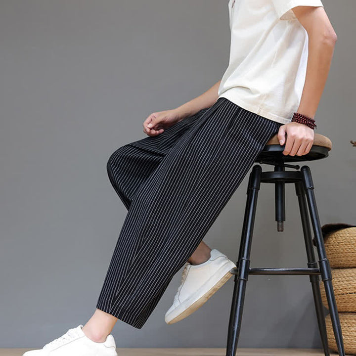 Buddha Stones Lässige, minimalistische Caprihose aus Baumwoll-Leinen-Mischgewebe mit Kordelzug und Streifenmuster, schmal zulaufende Herrenhose mit Tasche - image 16