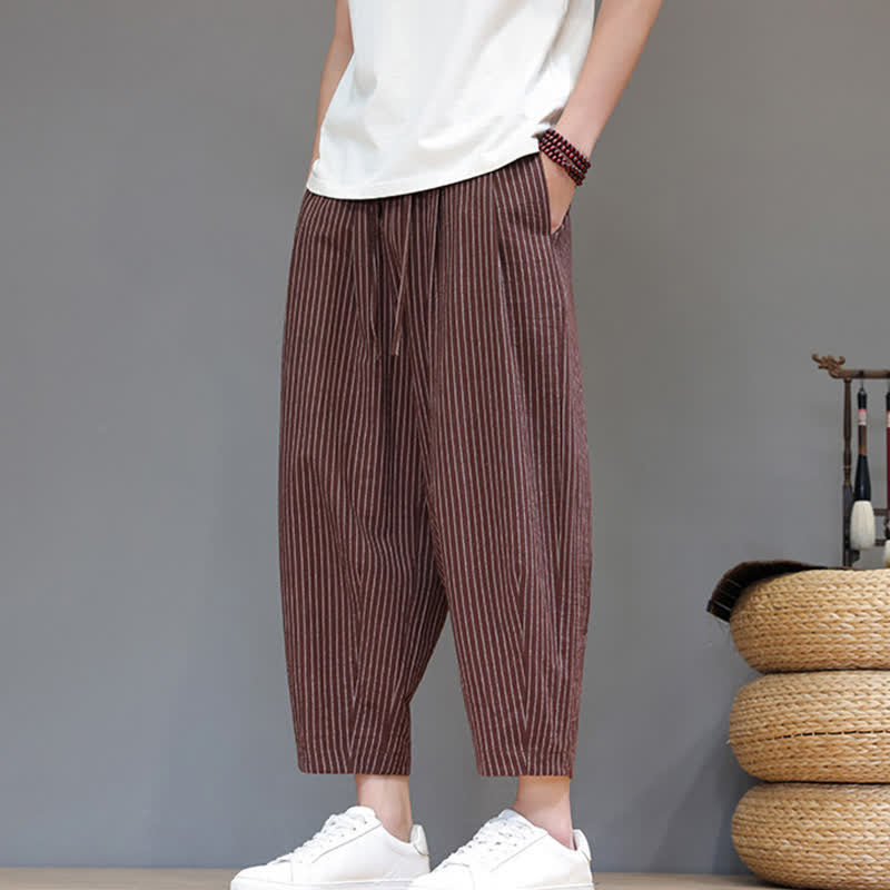 Buddha Stones Lässige, minimalistische Caprihose aus Baumwoll-Leinen-Mischgewebe mit Kordelzug und Streifenmuster, schmal zulaufende Herrenhose mit Tasche - image 19
