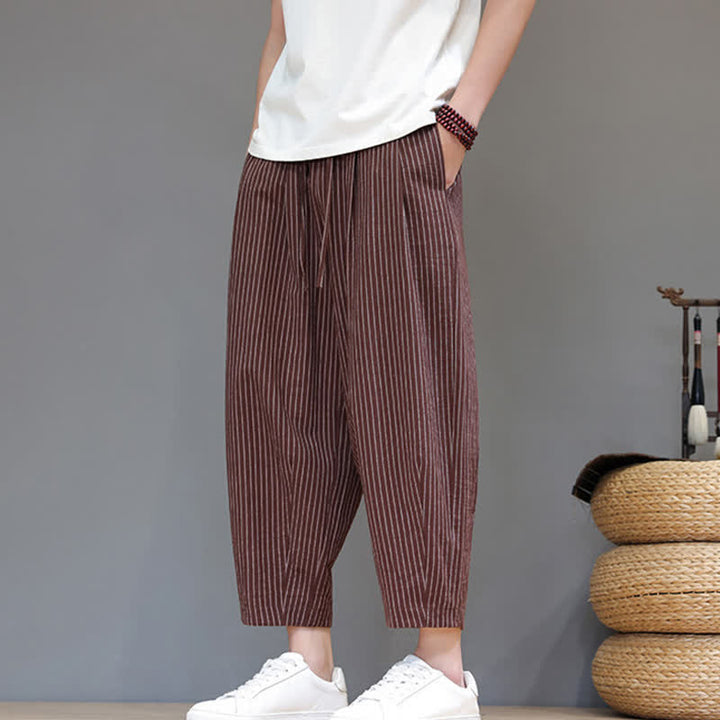 Buddha Stones Lässige, minimalistische Caprihose aus Baumwoll-Leinen-Mischgewebe mit Kordelzug und Streifenmuster, schmal zulaufende Herrenhose mit Tasche - image 19
