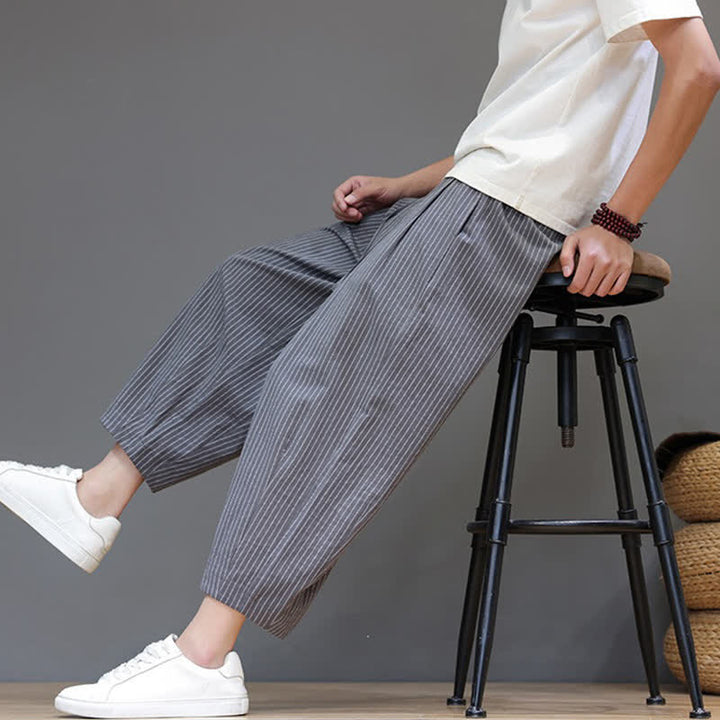 Buddha Stones Lässige, minimalistische Caprihose aus Baumwoll-Leinen-Mischgewebe mit Kordelzug und Streifenmuster, schmal zulaufende Herrenhose mit Tasche - image 7