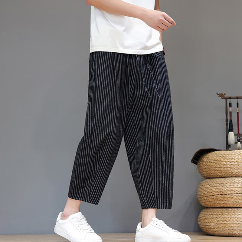Buddha Stones Lässige, minimalistische Caprihose aus Baumwoll-Leinen-Mischgewebe mit Kordelzug und Streifenmuster, schmal zulaufende Herrenhose mit Tasche - image 14