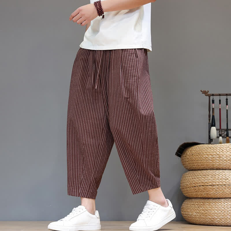 Buddha Stones Lässige, minimalistische Caprihose aus Baumwoll-Leinen-Mischgewebe mit Kordelzug und Streifenmuster, schmal zulaufende Herrenhose mit Tasche - Sienna - US/UK/AU46, EU56 (5XL) - image 17