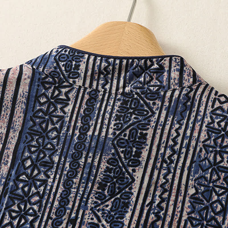 Buddha Stones Sommerliches Tang Style Boho Damenkleid mit Stehkragen, geometrischem Muster, Dreiviertelärmeln und Tasche - image 3
