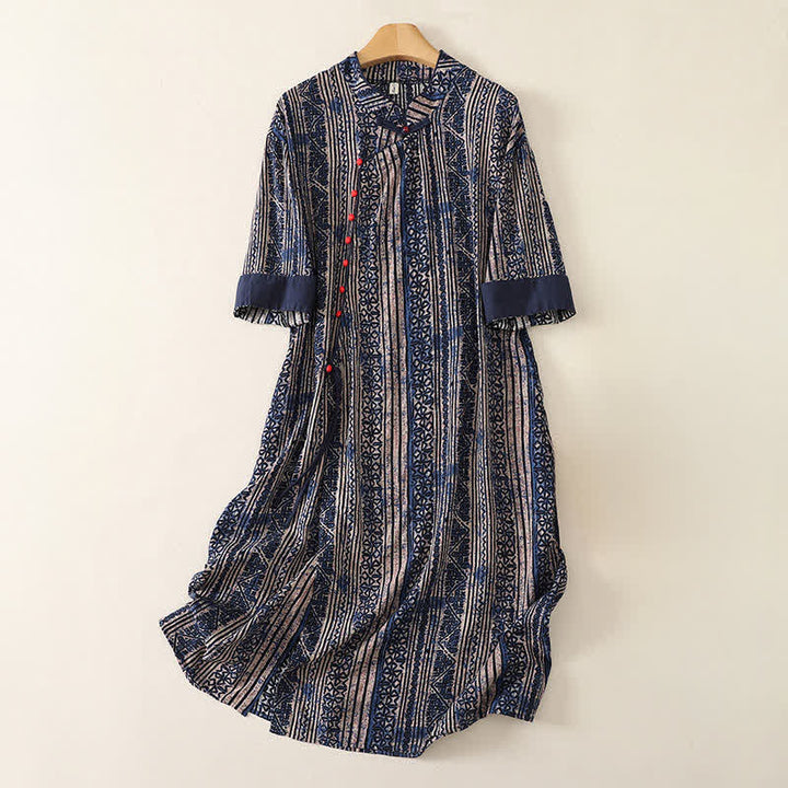 Buddha Stones Sommerliches Tang Style Boho Damenkleid mit Stehkragen, geometrischem Muster, Dreiviertelärmeln und Tasche - image 0
