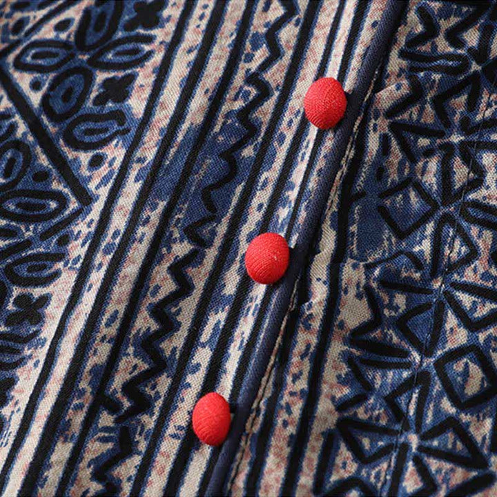Buddha Stones Sommerliches Tang Style Boho Damenkleid mit Stehkragen, geometrischem Muster, Dreiviertelärmeln und Tasche - image 5