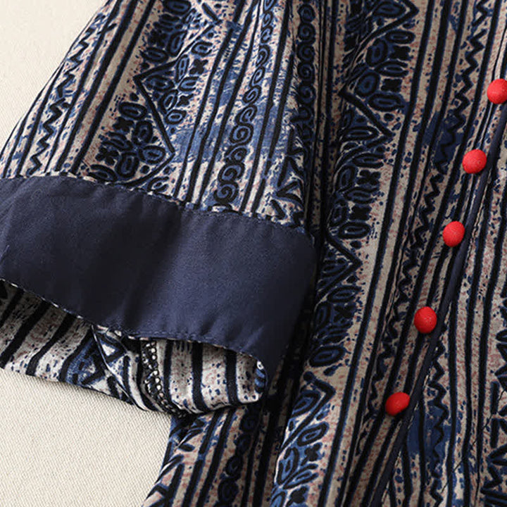 Buddha Stones Sommerliches Tang Style Boho Damenkleid mit Stehkragen, geometrischem Muster, Dreiviertelärmeln und Tasche - image 6