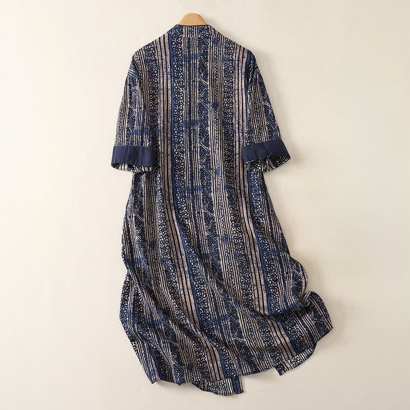 Buddha Stones Sommerliches Tang Style Boho Damenkleid mit Stehkragen, geometrischem Muster, Dreiviertelärmeln und Tasche - image 1