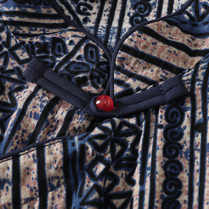 Buddha Stones Sommerliches Tang Style Boho Damenkleid mit Stehkragen, geometrischem Muster, Dreiviertelärmeln und Tasche - image 4