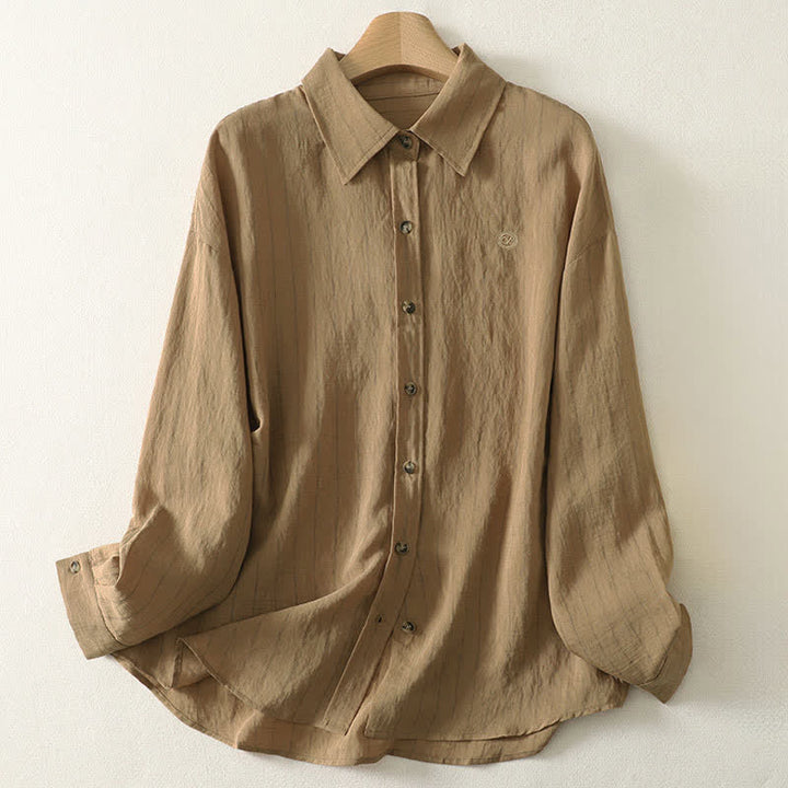 Buddha Stones Lässiges, minimalistisches, einfarbiges Langarmhemd für Damen mit Knopfleiste – Sommerlich - Bräunen - US8-10, UK/AU12-14, EU40-42 (2XL) - image 0