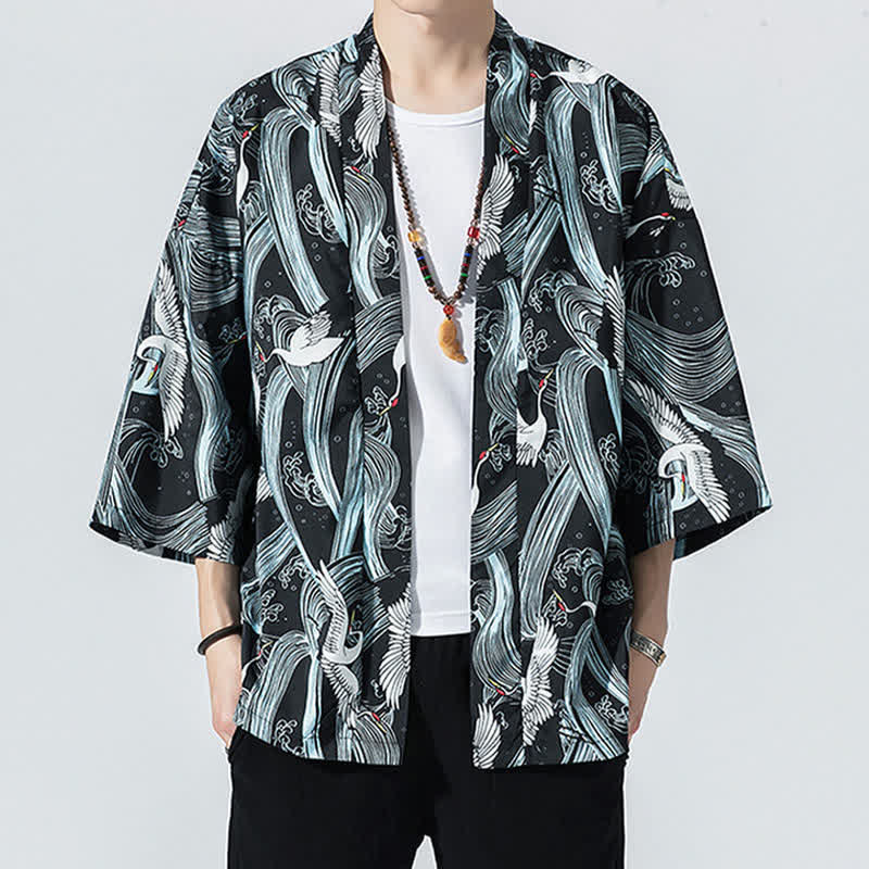 Buddha Stones Sommerlicher, lässiger Vintage-Herrenkimono mit offenem Vorderteil und Kranich-Wellen-Print - image 1