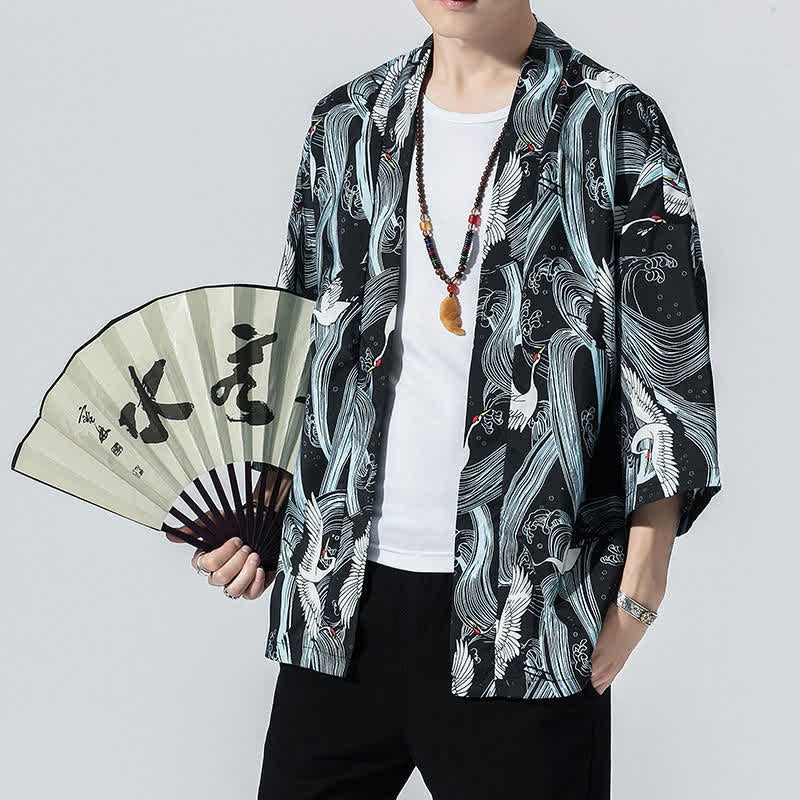Buddha Stones Sommerlicher, lässiger Vintage-Herrenkimono mit offenem Vorderteil und Kranich-Wellen-Print - Schwarz - US/UK/AU46, EU56 (5XL) - image 0