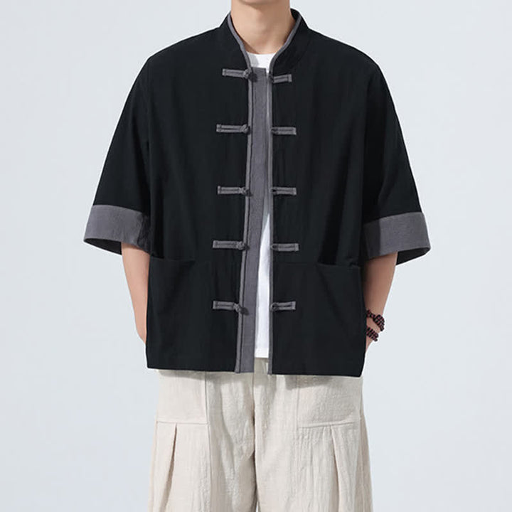 Buddha Stones Lässiges Sommerhemd im Tang-Stil mit Froschknopfleiste, Kurzarm, aus einfarbiger Baumwolle, Herren, mit Tasche - Schwarz - US/UK/AU46, EU56 (5XL) - image 16