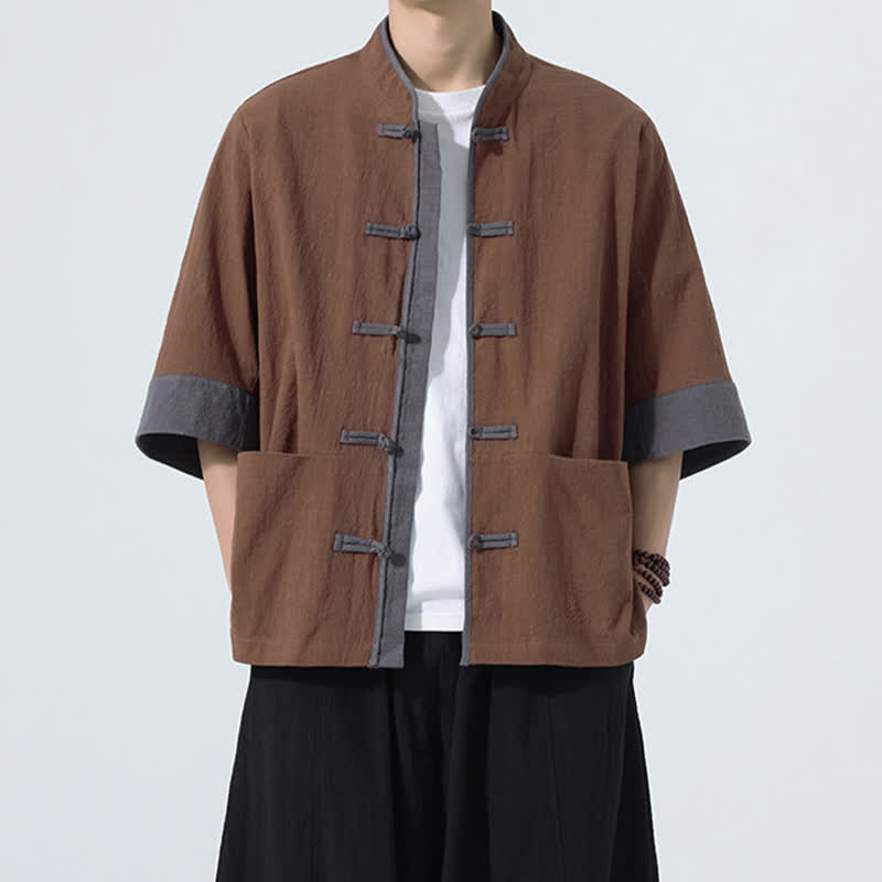 Buddha Stones Lässiges Sommerhemd im Tang-Stil mit Froschknopfleiste, Kurzarm, aus einfarbiger Baumwolle, Herren, mit Tasche - Sienna - US/UK/AU46, EU56 (5XL) - image 8