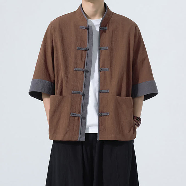 Buddha Stones Lässiges Sommerhemd im Tang-Stil mit Froschknopfleiste, Kurzarm, aus einfarbiger Baumwolle, Herren, mit Tasche - Sienna - US/UK/AU46, EU56 (5XL) - image 8