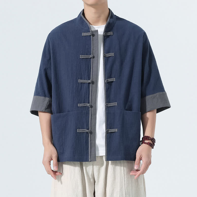 Buddha Stones Lässiges Sommerhemd im Tang-Stil mit Froschknopfleiste, Kurzarm, aus einfarbiger Baumwolle, Herren, mit Tasche - Marine - US/UK/AU46, EU56 (5XL) - image 0