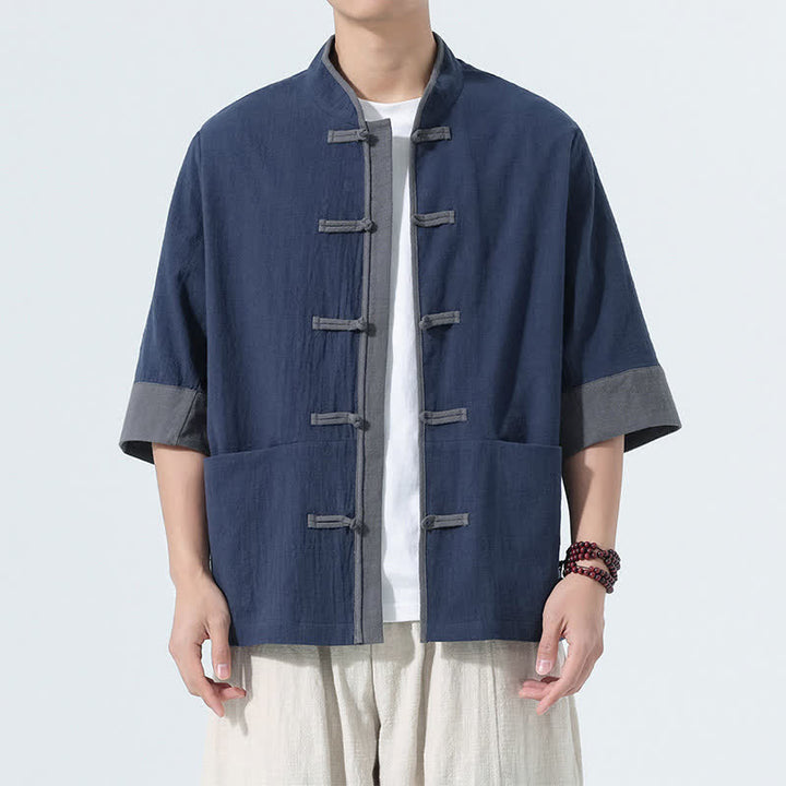 Buddha Stones Lässiges Sommerhemd im Tang-Stil mit Froschknopfleiste, Kurzarm, aus einfarbiger Baumwolle, Herren, mit Tasche - Marine - US/UK/AU46, EU56 (5XL) - image 0