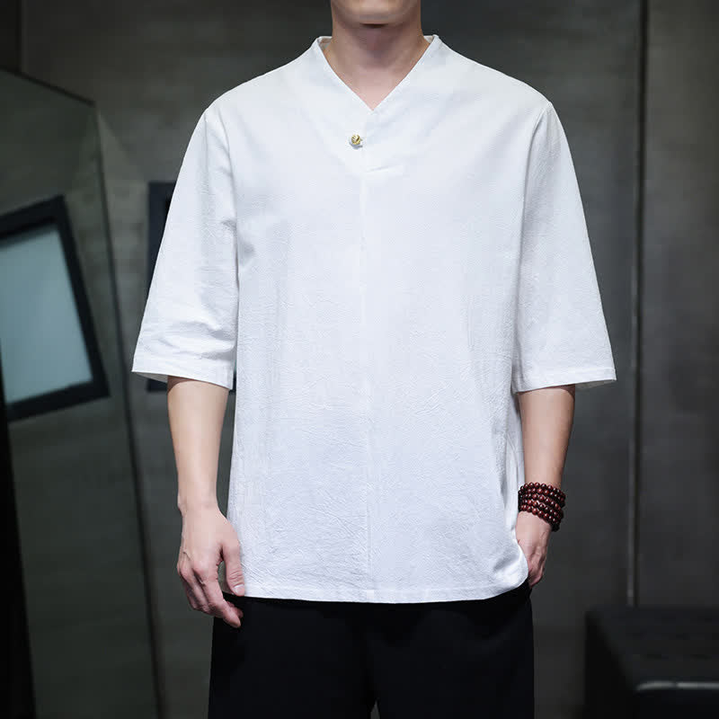 Buddha Stones Lässige Sommerhemden im Tang-Stil mit Stehkragen, einfarbig, Kurzarm, für Herren - Weiß - US/UK/AU46, EU56 (5XL) - image 18