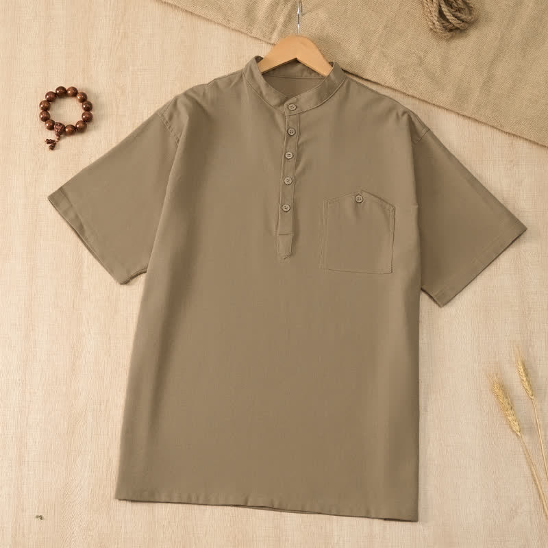Buddha Stones Lässiges Sommerhemd im Tang-Stil mit Stehkragen, einfarbig, Kurzarm, Herren, mit Tasche - Bräunen - US/UK/AU42, EU52 (3XL) - image 0