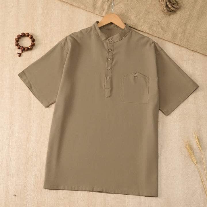 Buddha Stones Lässiges Sommerhemd im Tang-Stil mit Stehkragen, einfarbig, Kurzarm, Herren, mit Tasche - Bräunen - US/UK/AU42, EU52 (3XL) - image 0