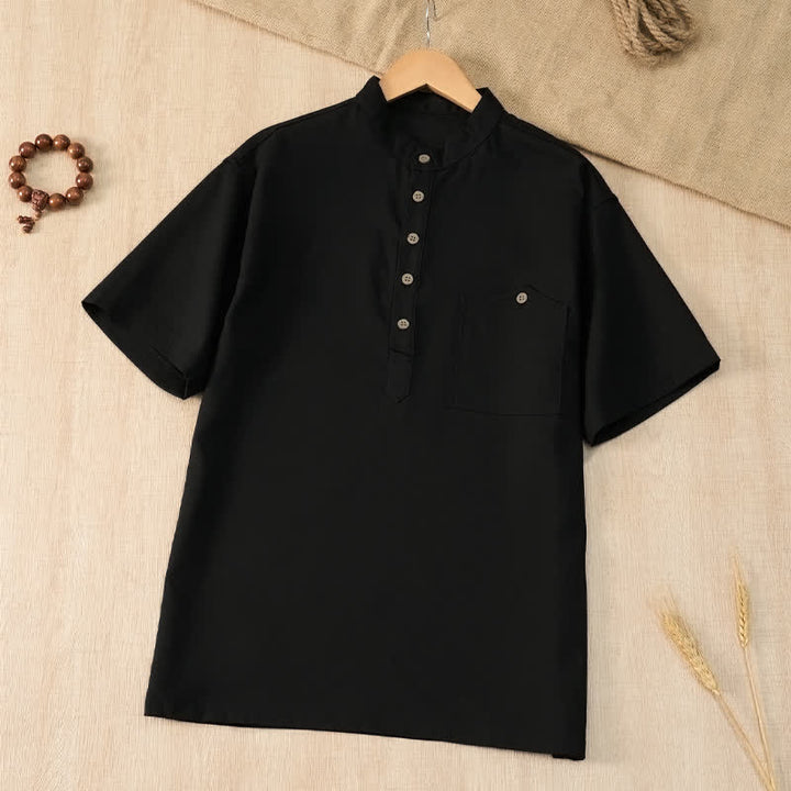 Buddha Stones Lässiges Sommerhemd im Tang-Stil mit Stehkragen, einfarbig, Kurzarm, Herren, mit Tasche - Schwarz - US/UK/AU42, EU52 (3XL) - image 10