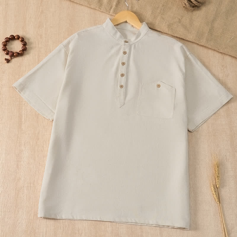 Buddha Stones Lässiges Sommerhemd im Tang-Stil mit Stehkragen, einfarbig, Kurzarm, Herren, mit Tasche - Beige - US/UK/AU42, EU52 (3XL) - image 19