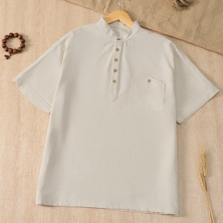 Buddha Stones Lässiges Sommerhemd im Tang-Stil mit Stehkragen, einfarbig, Kurzarm, Herren, mit Tasche - Beige - US/UK/AU42, EU52 (3XL) - image 19