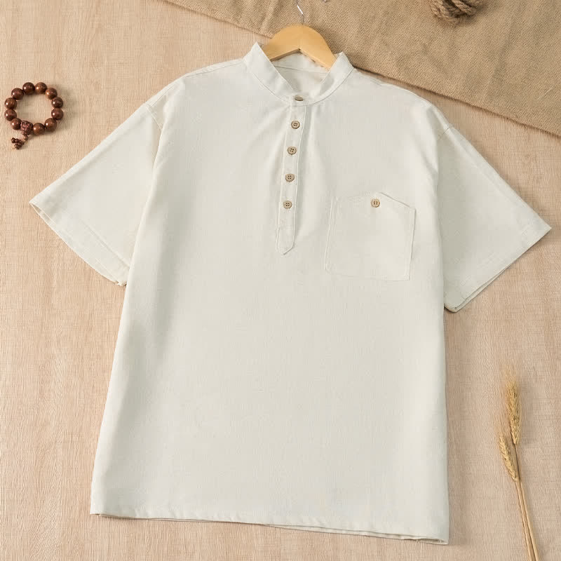 Buddha Stones Lässiges Sommerhemd im Tang-Stil mit Stehkragen, einfarbig, Kurzarm, Herren, mit Tasche - Weiß - US/UK/AU42, EU52 (3XL) - image 27