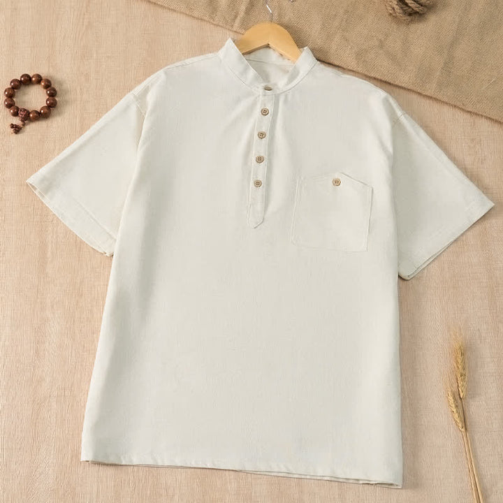 Buddha Stones Lässiges Sommerhemd im Tang-Stil mit Stehkragen, einfarbig, Kurzarm, Herren, mit Tasche - Weiß - US/UK/AU42, EU52 (3XL) - image 27