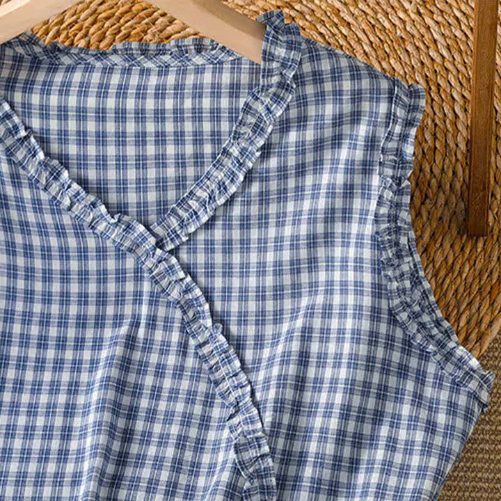 Buddha Stones Lässiges, ärmelloses Tanktop mit V-Ausschnitt und Rüschen im Vintage-Stil für Damen - image 4