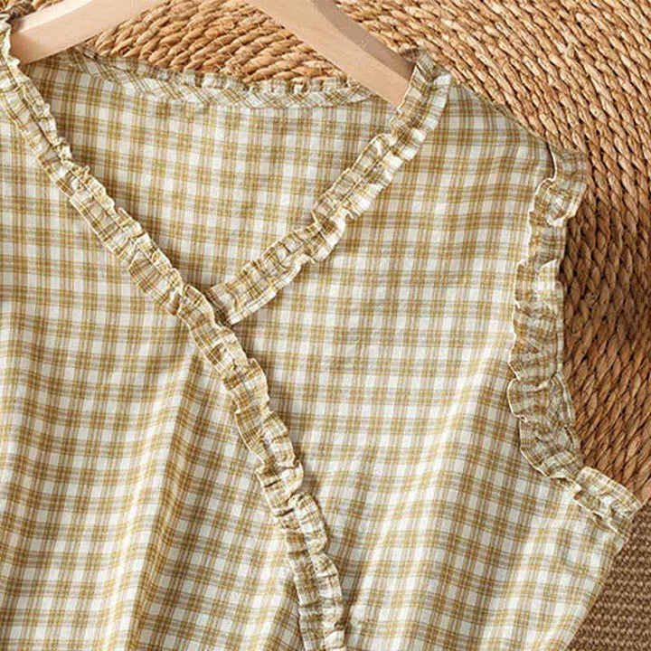 Buddha Stones Lässiges, ärmelloses Tanktop mit V-Ausschnitt und Rüschen im Vintage-Stil für Damen - image 10