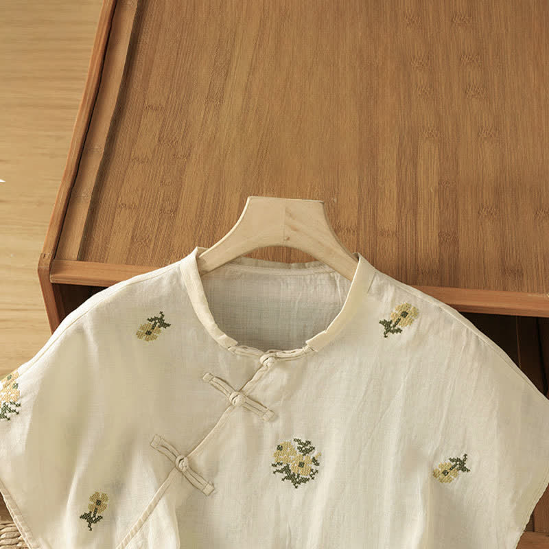 Buddha Stones Sommerliches, lässiges Tanktop im Tang-Stil mit Stehkragen und Blumenstickerei, ärmellos, Damenbluse - image 2