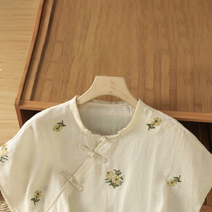 Buddha Stones Sommerliches, lässiges Tanktop im Tang-Stil mit Stehkragen und Blumenstickerei, ärmellos, Damenbluse - image 2