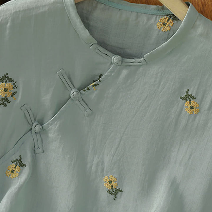 Buddha Stones Sommerliches, lässiges Tanktop im Tang-Stil mit Stehkragen und Blumenstickerei, ärmellos, Damenbluse - image 12