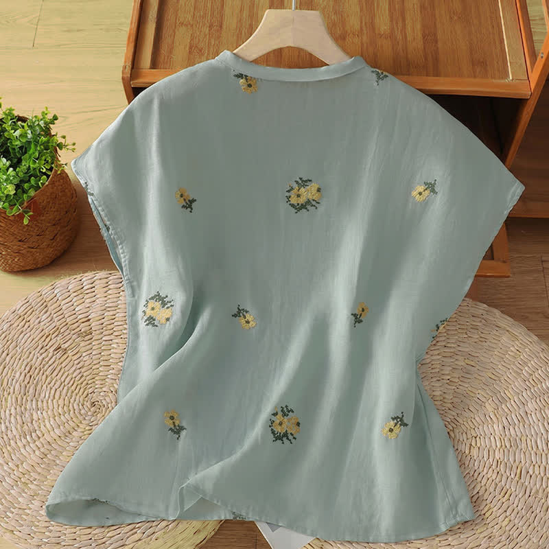 Buddha Stones Sommerliches, lässiges Tanktop im Tang-Stil mit Stehkragen und Blumenstickerei, ärmellos, Damenbluse - image 9