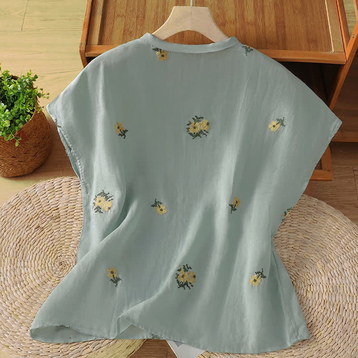 Buddha Stones Sommerliches, lässiges Tanktop im Tang-Stil mit Stehkragen und Blumenstickerei, ärmellos, Damenbluse - image 9