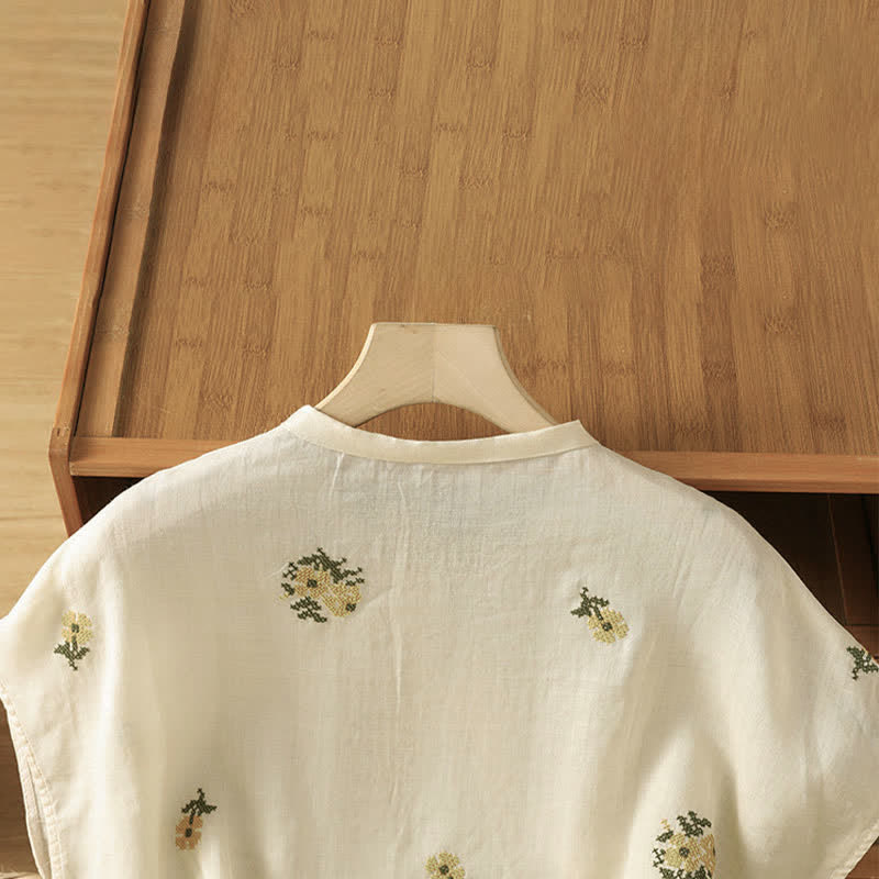 Buddha Stones Sommerliches, lässiges Tanktop im Tang-Stil mit Stehkragen und Blumenstickerei, ärmellos, Damenbluse - image 3
