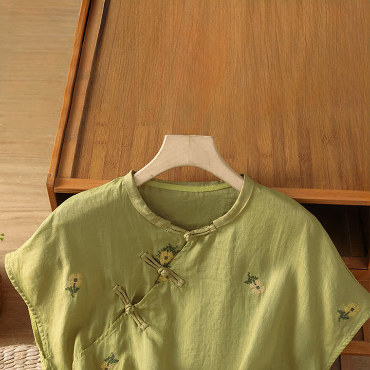 Buddha Stones Sommerliches, lässiges Tanktop im Tang-Stil mit Stehkragen und Blumenstickerei, ärmellos, Damenbluse - image 17