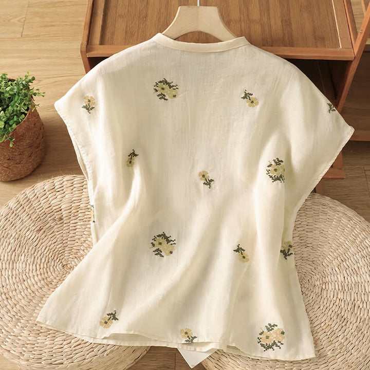 Buddha Stones Sommerliches, lässiges Tanktop im Tang-Stil mit Stehkragen und Blumenstickerei, ärmellos, Damenbluse - image 1
