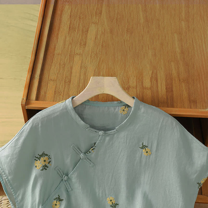 Buddha Stones Sommerliches, lässiges Tanktop im Tang-Stil mit Stehkragen und Blumenstickerei, ärmellos, Damenbluse - image 10