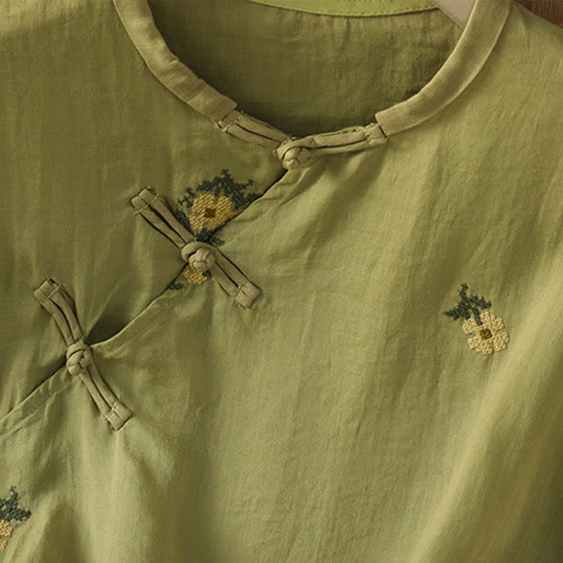 Buddha Stones Sommerliches, lässiges Tanktop im Tang-Stil mit Stehkragen und Blumenstickerei, ärmellos, Damenbluse - image 19
