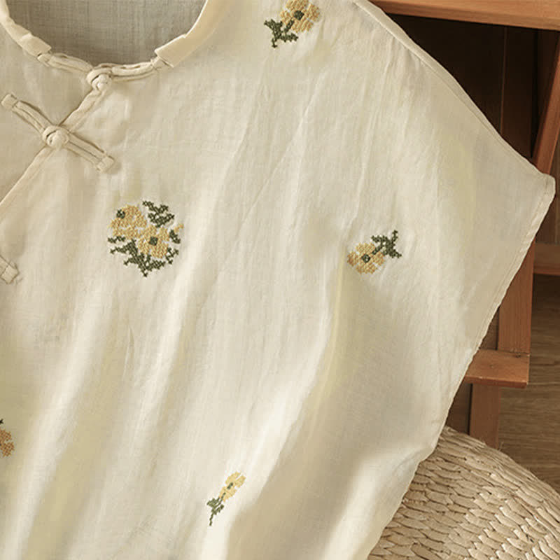 Buddha Stones Sommerliches, lässiges Tanktop im Tang-Stil mit Stehkragen und Blumenstickerei, ärmellos, Damenbluse - image 5