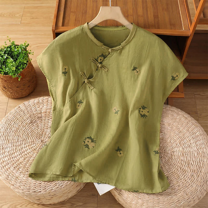 Buddha Stones Sommerliches, lässiges Tanktop im Tang-Stil mit Stehkragen und Blumenstickerei, ärmellos, Damenbluse - Olivgrün - US12, UK/AU16, EU44 (2XL) - image 15