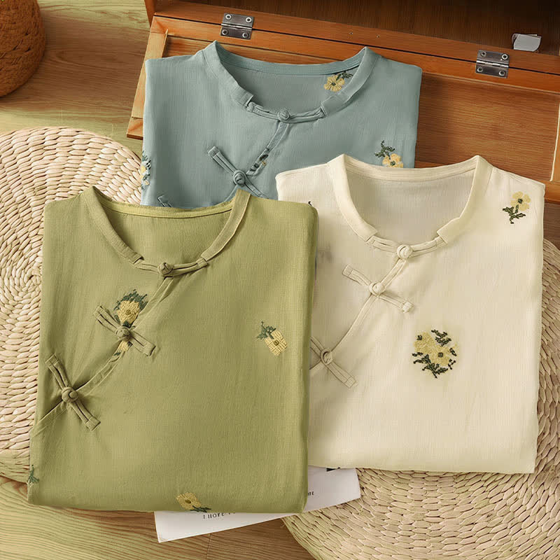 Buddha Stones Sommerliches, lässiges Tanktop im Tang-Stil mit Stehkragen und Blumenstickerei, ärmellos, Damenbluse - image 22